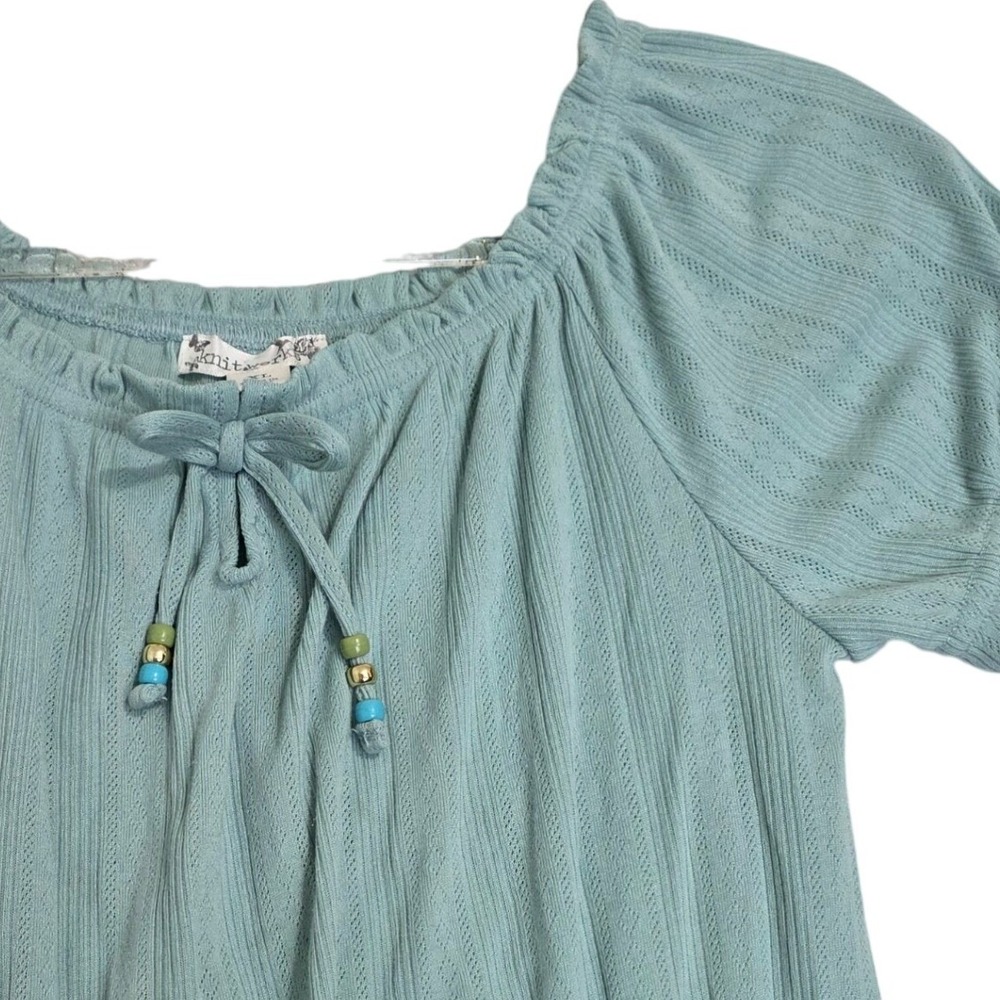 Knitworks Juniors XL Sage Green Top Pointelle Peasant Blouse Beaded Bow Ruffle